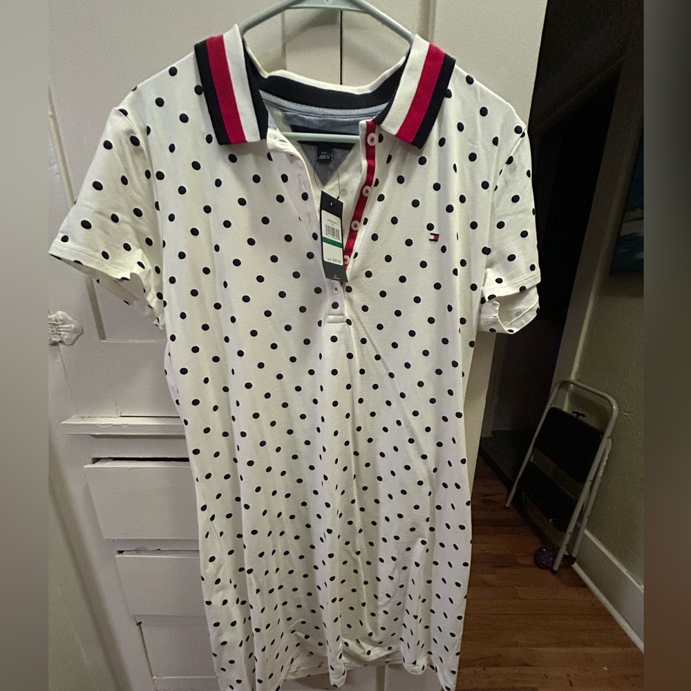 Tommy Hilfiger White Polo Dress with Navy Polka Dots and Red-Trim Collar